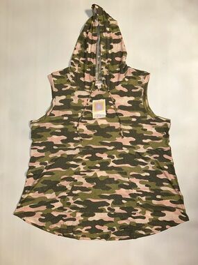 LuLaRoe Sleeveless Hooded Camo Tank Pink & Green Sleeveless Kangaroo Pocket